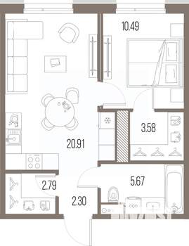 1-к квартира, строящийся дом, 46м2, 7/10 этаж