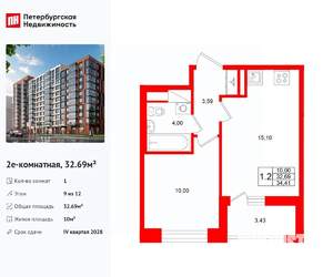 1-к квартира, вторичка, 33м2, 9/12 этаж