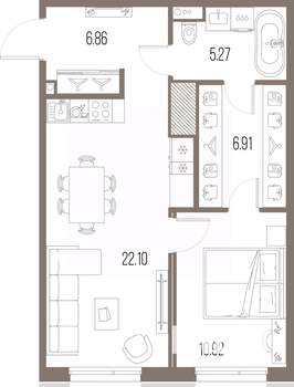 1-к квартира, строящийся дом, 52м2, 7/10 этаж