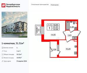 1-к квартира, вторичка, 31м2, 1/5 этаж