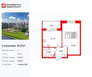 1-к квартира, вторичка, 35м2, 3/5 этаж