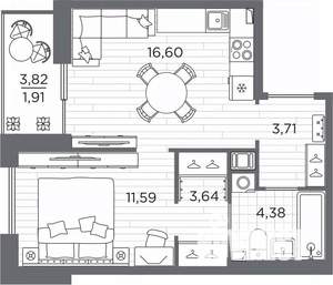 1-к квартира, вторичка, 42м2, 6/25 этаж