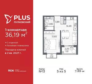 1-к квартира, вторичка, 36м2, 5/5 этаж