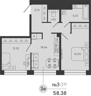 2-к квартира, вторичка, 58м2, 21/22 этаж