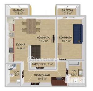 2-к квартира, вторичка, 62м2, 10/22 этаж