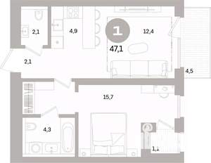 1-к квартира, вторичка, 47м2, 6/7 этаж