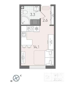 Студия квартира, вторичка, 20м2, 18/19 этаж