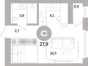 Студия квартира, вторичка, 28м2, 9/10 этаж