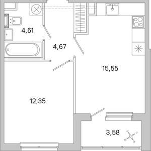 1-к квартира, вторичка, 39м2, 1/5 этаж