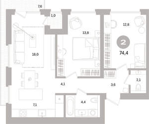2-к квартира, вторичка, 74м2, 5/17 этаж