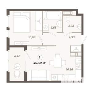 1-к квартира, строящийся дом, 40м2, 3/12 этаж