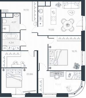 3-к квартира, строящийся дом, 100м2, 3/9 этаж
