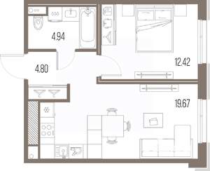 1-к квартира, строящийся дом, 42м2, 7/10 этаж