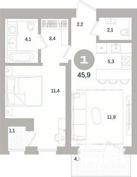 1-к квартира, вторичка, 46м2, 6/7 этаж
