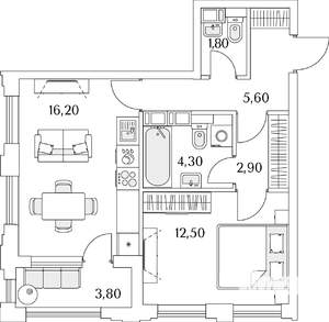 1-к квартира, строящийся дом, 45м2, 3/13 этаж