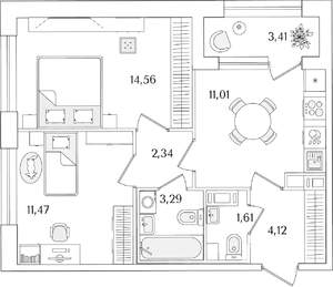 2-к квартира, строящийся дом, 50м2, 12/15 этаж