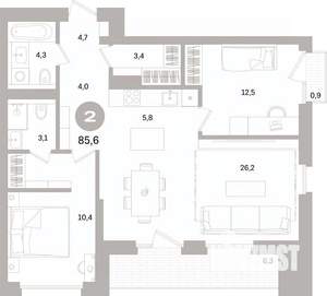 2-к квартира, вторичка, 86м2, 3/15 этаж
