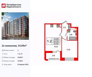 1-к квартира, вторичка, 34м2, 7/12 этаж