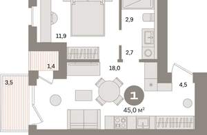 1-к квартира, вторичка, 42м2, 5/17 этаж