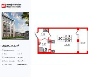 Студия квартира, вторичка, 25м2, 3/4 этаж