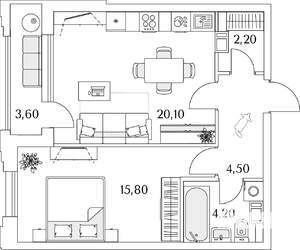 1-к квартира, строящийся дом, 49м2, 10/13 этаж