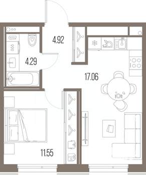 1-к квартира, строящийся дом, 38м2, 8/10 этаж