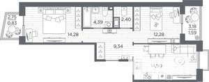 2-к квартира, строящийся дом, 60м2, 7/13 этаж