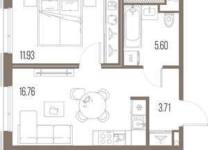 1-к квартира, строящийся дом, 38м2, 6/10 этаж