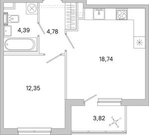 1-к квартира, вторичка, 42м2, 1/5 этаж