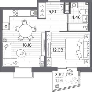1-к квартира, строящийся дом, 41м2, 3/13 этаж