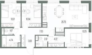 3-к квартира, строящийся дом, 84м2, 2/10 этаж