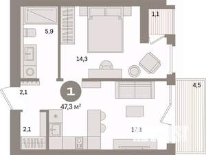 1-к квартира, вторичка, 47м2, 4/17 этаж