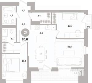 2-к квартира, вторичка, 86м2, 4/15 этаж