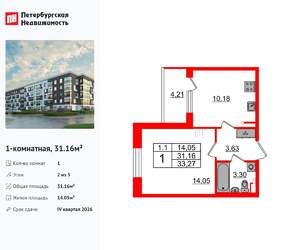 1-к квартира, вторичка, 31м2, 2/5 этаж