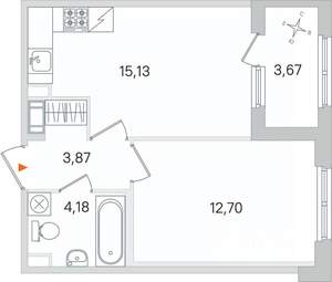 1-к квартира, строящийся дом, 36м2, 2/4 этаж