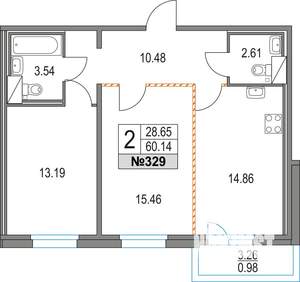 2-к квартира, строящийся дом, 60м2, 5/16 этаж