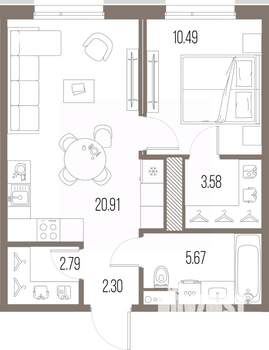 1-к квартира, строящийся дом, 46м2, 3/10 этаж