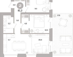 2-к квартира, вторичка, 81м2, 2/17 этаж