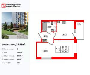 1-к квартира, вторичка, 36м2, 3/12 этаж