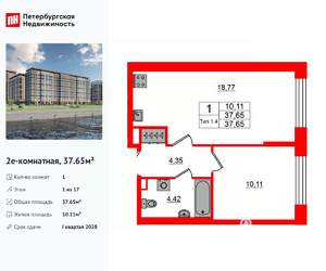 1-к квартира, вторичка, 38м2, 1/17 этаж