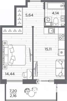 1-к квартира, вторичка, 41м2, 2/7 этаж