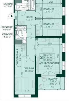 3-к квартира, сданный дом, 90м2, 2/14 этаж