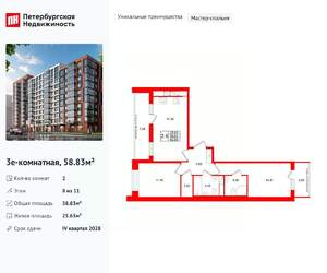 2-к квартира, вторичка, 59м2, 8/11 этаж