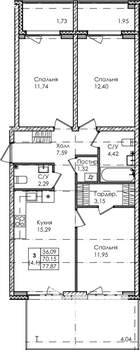 3-к квартира, вторичка, 74м2, 1/4 этаж