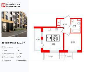 1-к квартира, вторичка, 32м2, 1/4 этаж