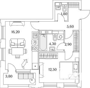 1-к квартира, строящийся дом, 45м2, 4/13 этаж