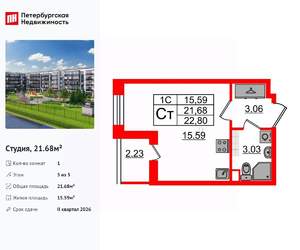 Студия квартира, вторичка, 22м2, 5/5 этаж