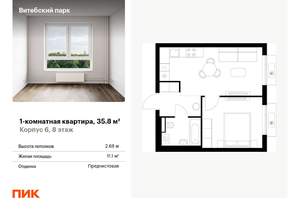 1-к квартира, вторичка, 36м2, 8/12 этаж