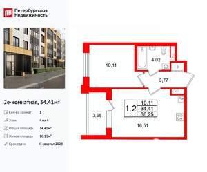 1-к квартира, вторичка, 34м2, 4/4 этаж
