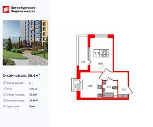 1-к квартира, вторичка, 37м2, 2/12 этаж